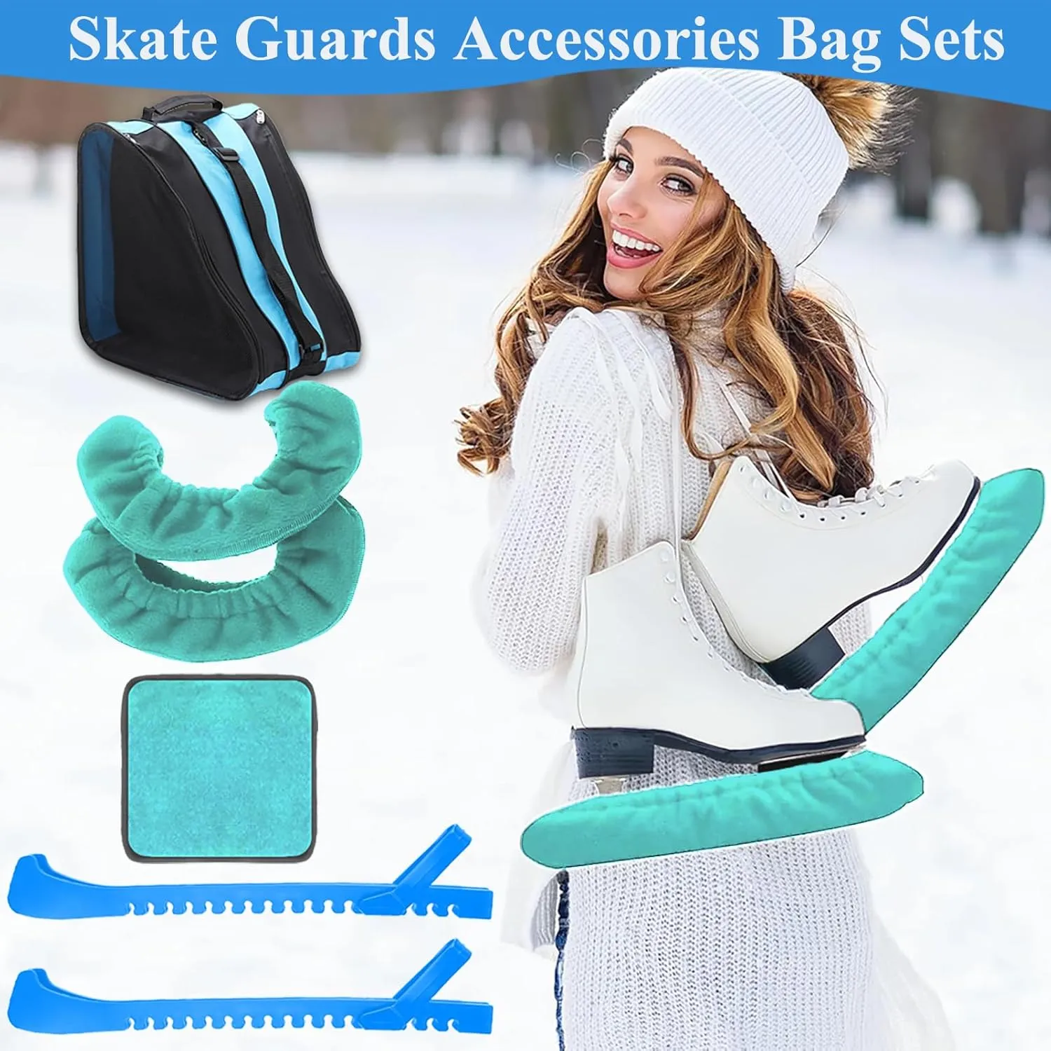 4 Pcs Skating Bag Set Ice Skate Guards and Soft Adjustable Skate Blade Covers Towel Roller Skate Bag for Youth Adult Hockey Skating Accessory