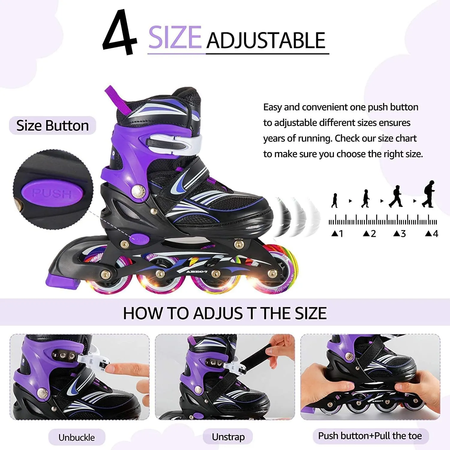 4 Size Adjustable Inline Skate for Kids,Children's Inline Skates with Light Up Wheel,Outdoor Illuminating Roller Skates for Girls,Boys and Beginners