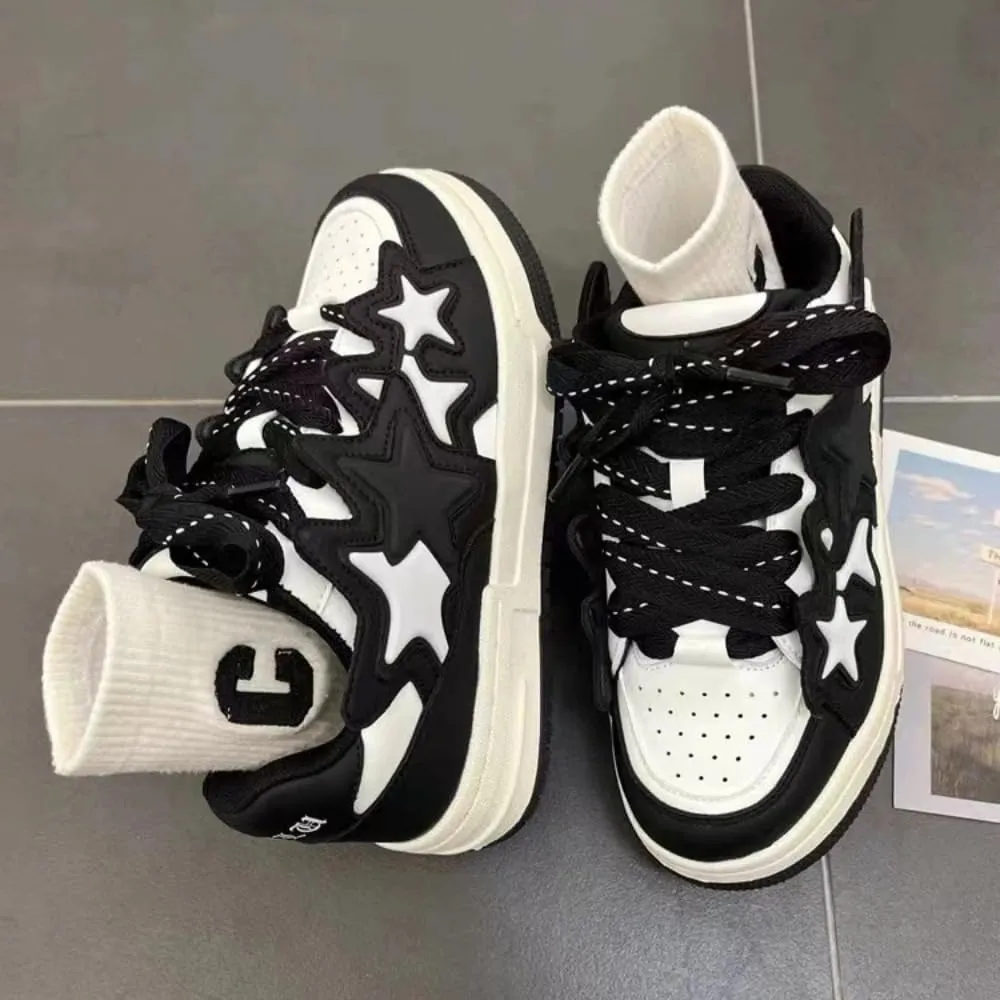 4 Star Patch, Chunky Sneakers Unisex, Chunky Laces, Contrast Color, Round Toe, Height Boost, Y2K Street Platform Shoes