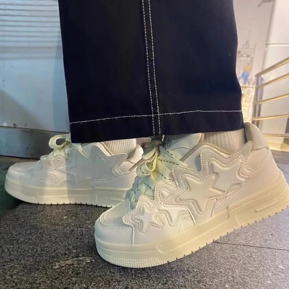 4 Star Patch, Chunky Sneakers Unisex, Chunky Laces, Contrast Color, Round Toe, Height Boost, Y2K Street Platform Shoes