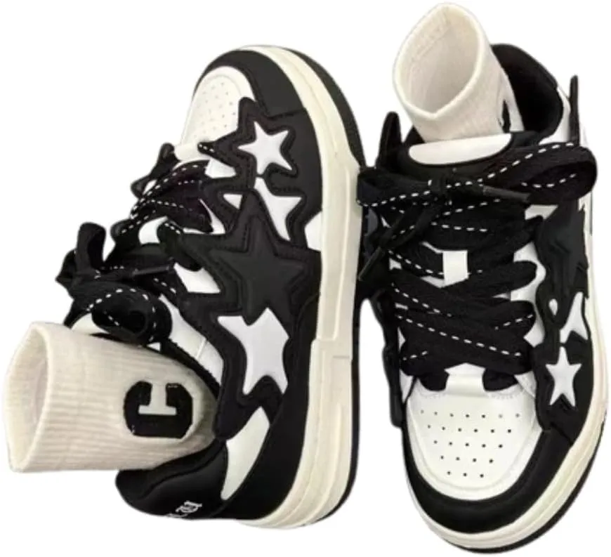 4 Star Patch, Chunky Sneakers Unisex, Chunky Laces, Contrast Color, Round Toe, Height Boost, Y2K Street Platform Shoes