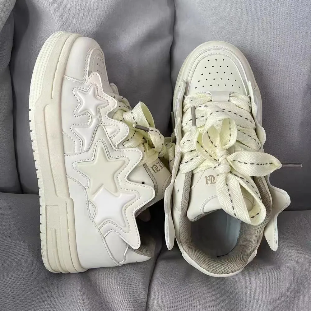 4 Star Patch, Chunky Sneakers Unisex, Chunky Laces, Contrast Color, Round Toe, Height Boost, Y2K Street Platform Shoes