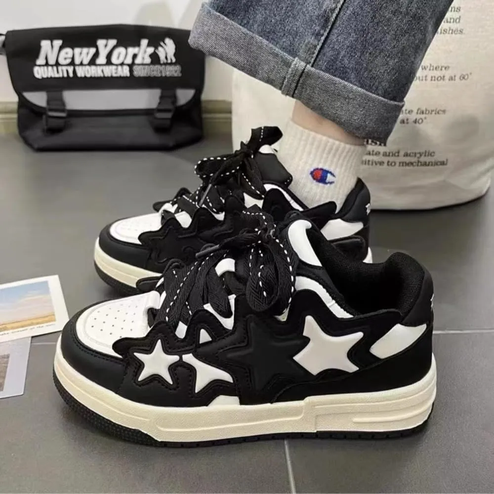 4 Star Patch, Chunky Sneakers Unisex, Chunky Laces, Contrast Color, Round Toe, Height Boost, Y2K Street Platform Shoes