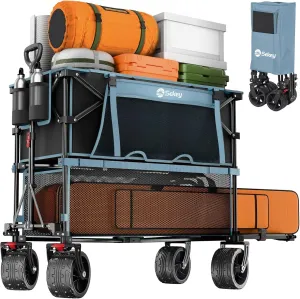 400L Large Capacity Folding Double Decker Wagon with Brakes, 50" Extra Long Extender Cart, 500lbs Heavy Duty Collapsible Wagons, All-Terrain Big Wheels for Camping, Sports, Shopping. Blue