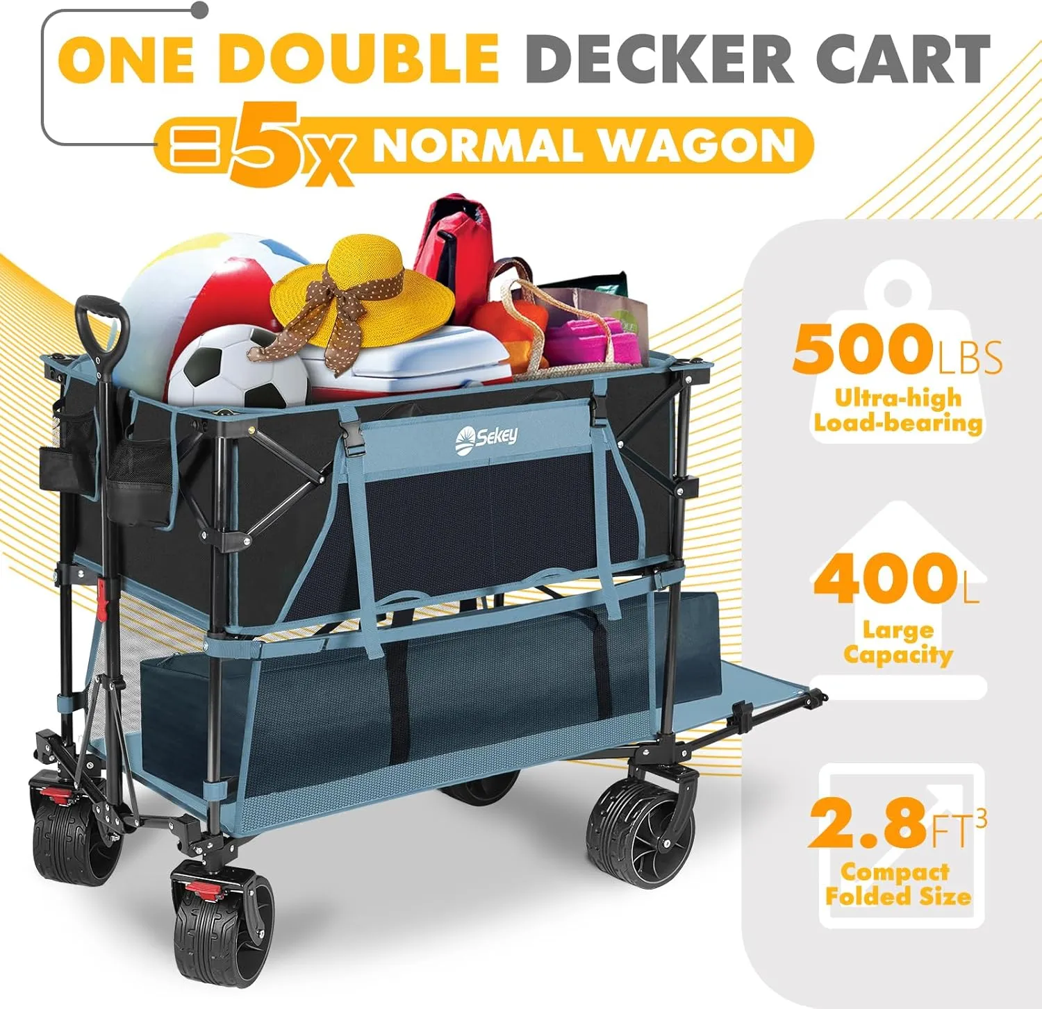 400L Large Capacity Folding Double Decker Wagon with Brakes, 50" Extra Long Extender Cart, 500lbs Heavy Duty Collapsible Wagons, All-Terrain Big Wheels for Camping, Sports, Shopping. Blue