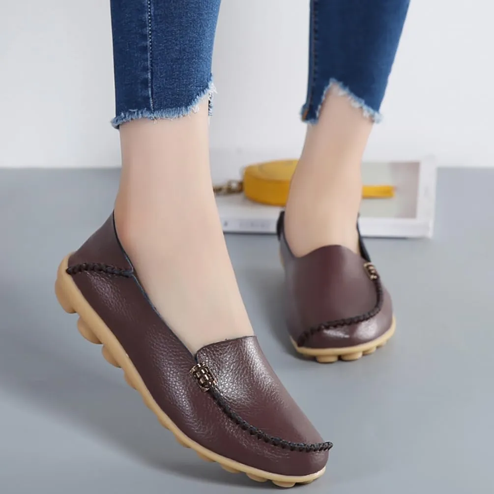 AIFLM Women's Moccasin Casual Mom's Shoes Women's Two Layer Cowhide Nurse Shoes Comfortable Loafer Walking and Driving Work Shoes Flat Bottom Gift for Women