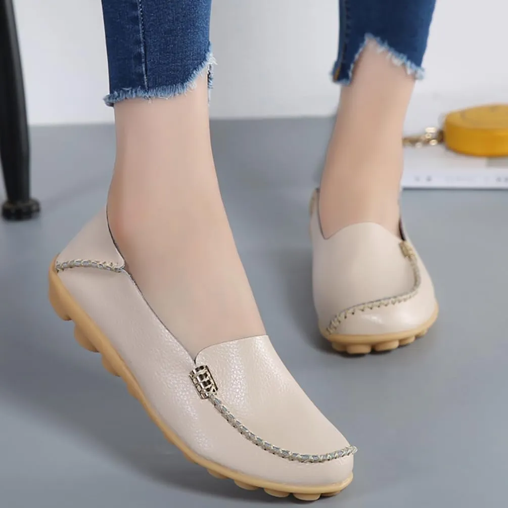 AIFLM Women's Moccasin Casual Mom's Shoes Women's Two Layer Cowhide Nurse Shoes Comfortable Loafer Walking and Driving Work Shoes Flat Bottom Gift for Women