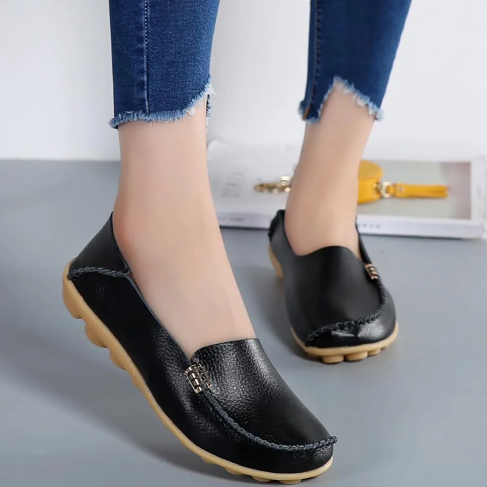 AIFLM Women's Moccasin Casual Mom's Shoes Women's Two Layer Cowhide Nurse Shoes Comfortable Loafer Walking and Driving Work Shoes Flat Bottom Gift for Women
