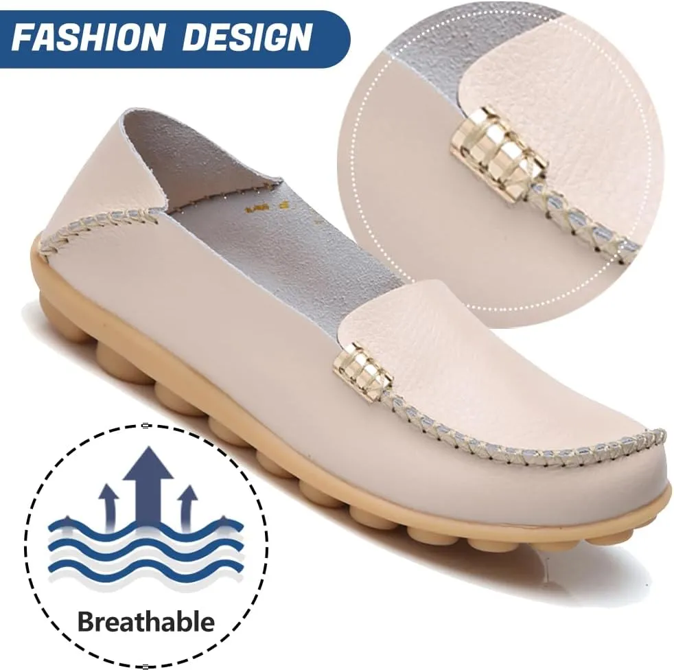 AIFLM Women's Moccasin Casual Mom's Shoes Women's Two Layer Cowhide Nurse Shoes Comfortable Loafer Walking and Driving Work Shoes Flat Bottom Gift for Women