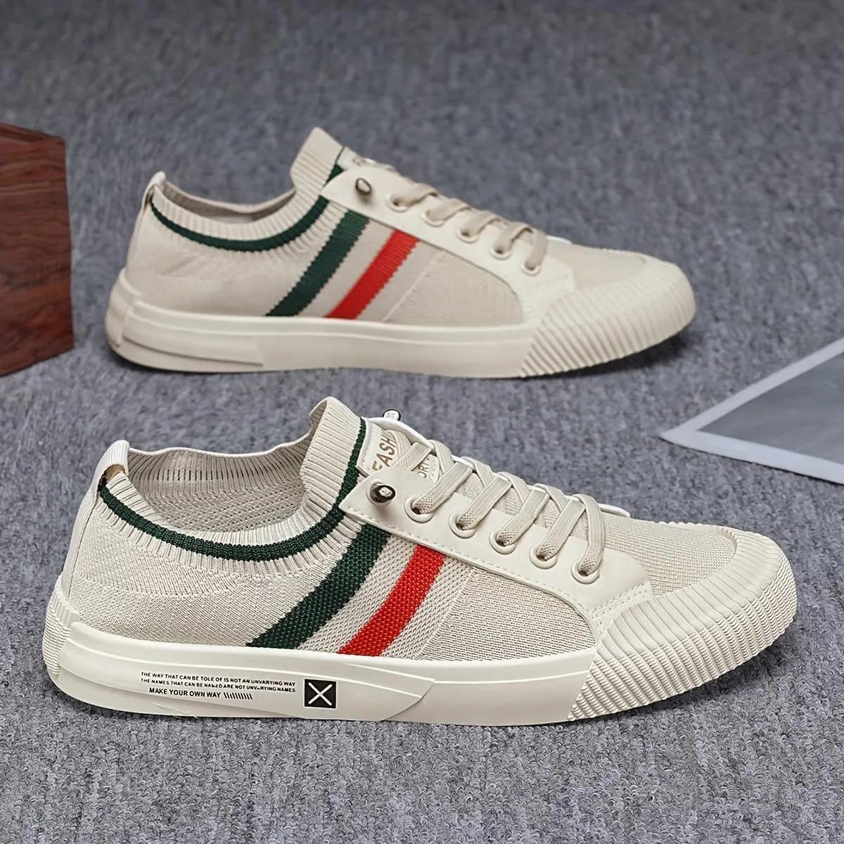 Big Size Men's Lightweight, Breathable, Low-top Casual Sports Skate Shoes - Striped, Black/Green/red Accents, Durable PVC Soles for All-Season Outdoor and Daily wear