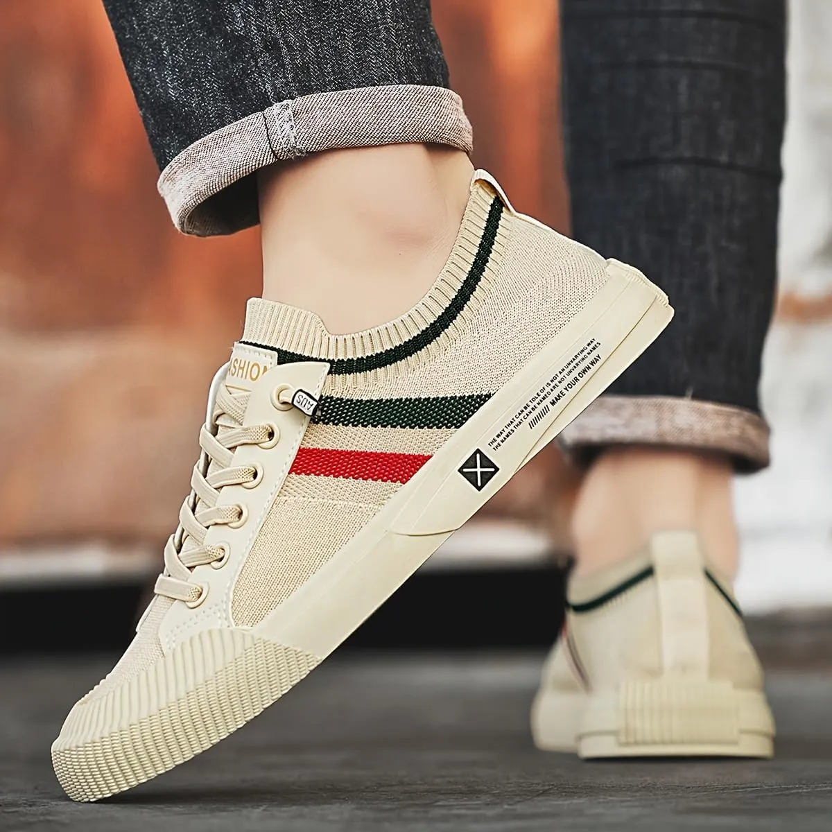 Big Size Men's Lightweight, Breathable, Low-top Casual Sports Skate Shoes - Striped, Black/Green/red Accents, Durable PVC Soles for All-Season Outdoor and Daily wear