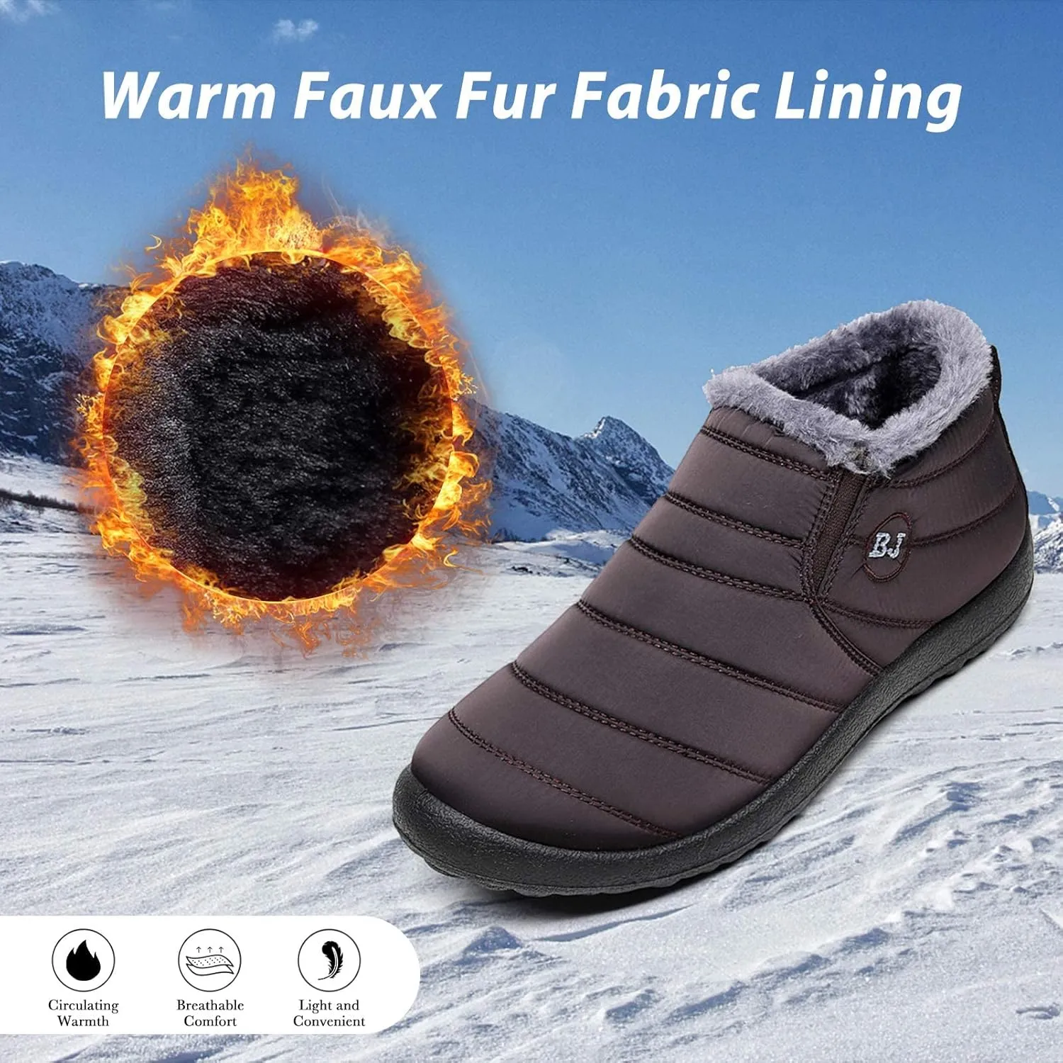 Boojoy Winter Boots, Winter Warm Anti-slip Ankle Booties, Waterproof Slip on Outdoor Fur Lined Snow Shoes for Womens
