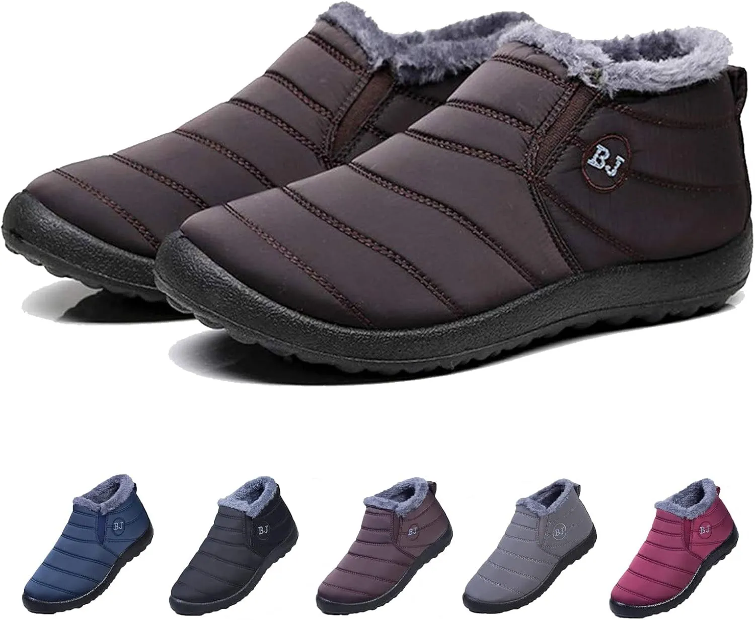 Boojoy Winter Boots, Winter Warm Anti-slip Ankle Booties, Waterproof Slip on Outdoor Fur Lined Snow Shoes for Womens