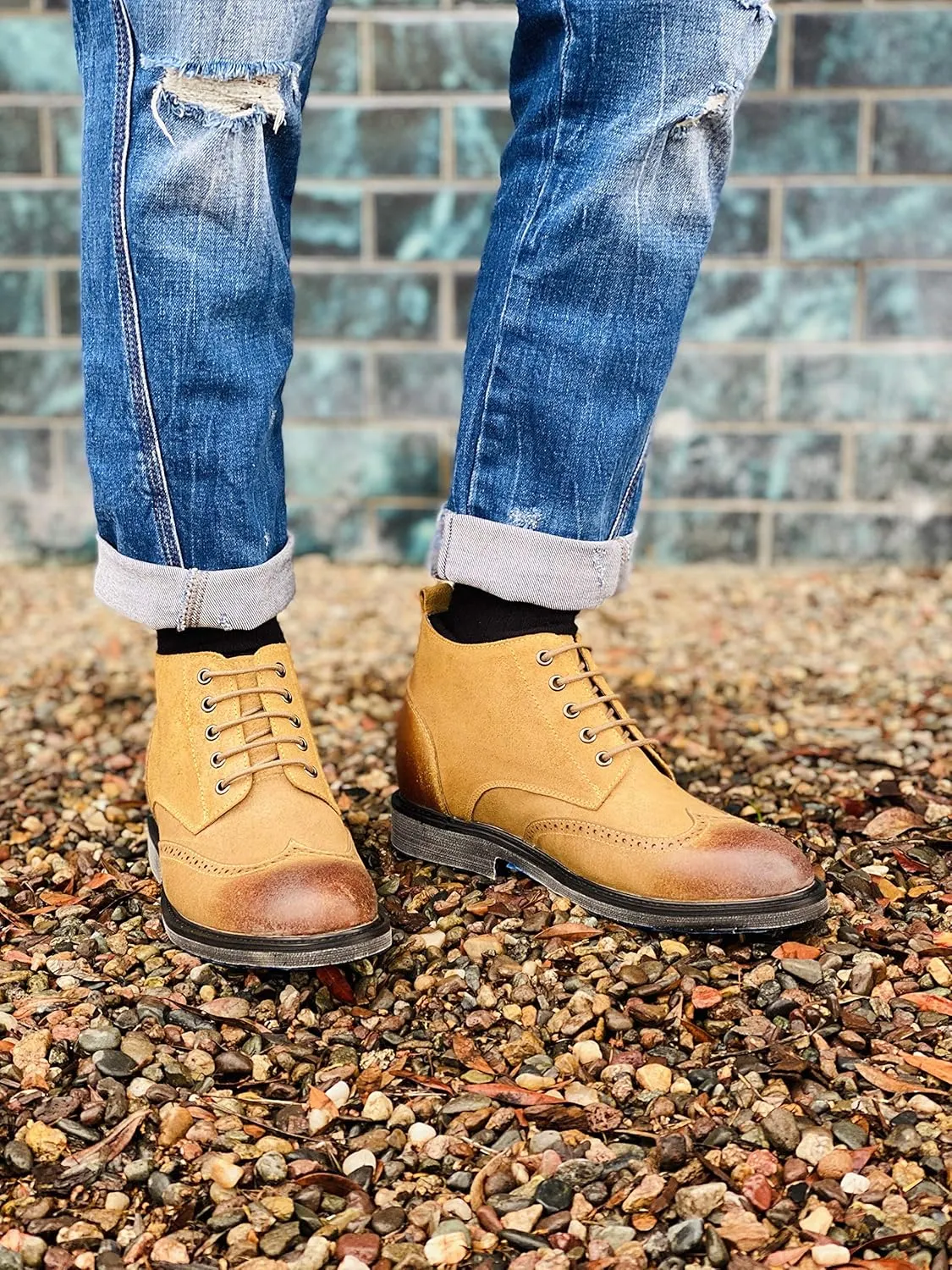 CALTO Men's Invisible Height Increasing Elevator Shoes - Light Brown Premium Leather Lace-up Lightweight Wing-tip Work Boots - 3 Inches Taller - S3652 - Size 9 D(M) US
