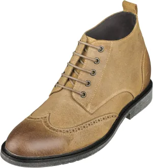 CALTO Men's Invisible Height Increasing Elevator Shoes - Light Brown Premium Leather Lace-up Lightweight Wing-tip Work Boots - 3 Inches Taller - S3652 - Size 9 D(M) US
