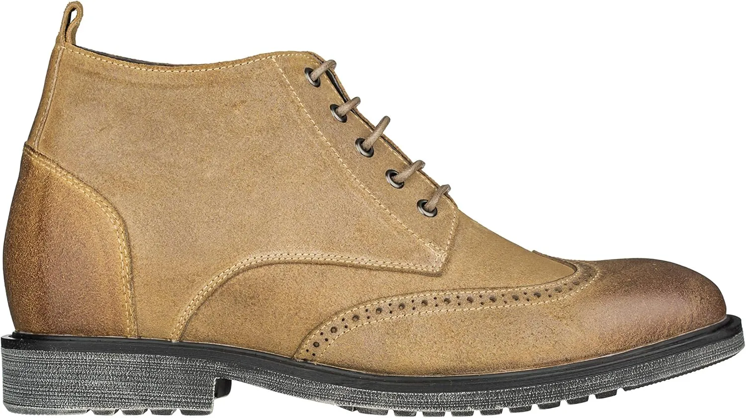 CALTO Men's Invisible Height Increasing Elevator Shoes - Light Brown Premium Leather Lace-up Lightweight Wing-tip Work Boots - 3 Inches Taller - S3652 - Size 9 D(M) US