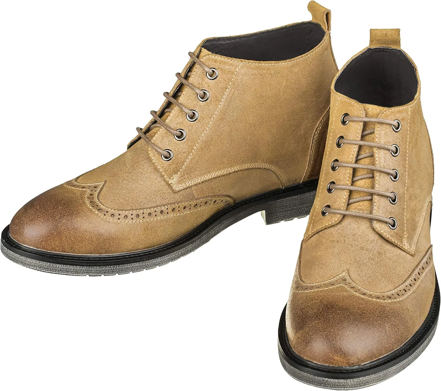 CALTO Men's Invisible Height Increasing Elevator Shoes - Light Brown Premium Leather Lace-up Lightweight Wing-tip Work Boots - 3 Inches Taller - S3652 - Size 9 D(M) US
