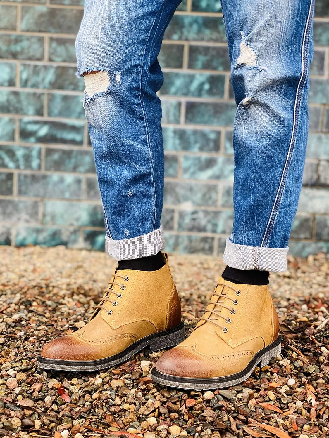 CALTO Men's Invisible Height Increasing Elevator Shoes - Light Brown Premium Leather Lace-up Lightweight Wing-tip Work Boots - 3 Inches Taller - S3652 - Size 9 D(M) US