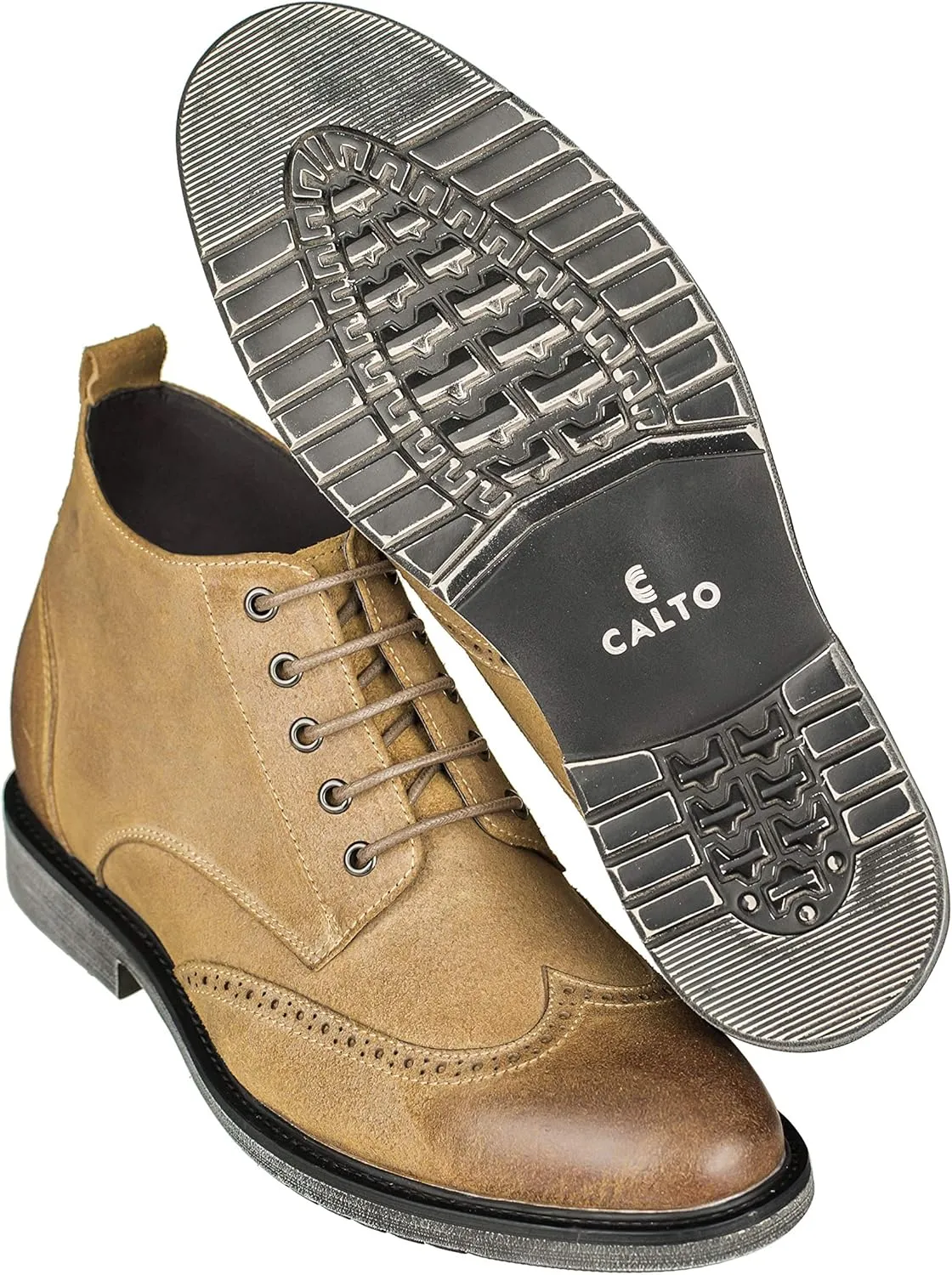CALTO Men's Invisible Height Increasing Elevator Shoes - Light Brown Premium Leather Lace-up Lightweight Wing-tip Work Boots - 3 Inches Taller - S3652 - Size 9 D(M) US
