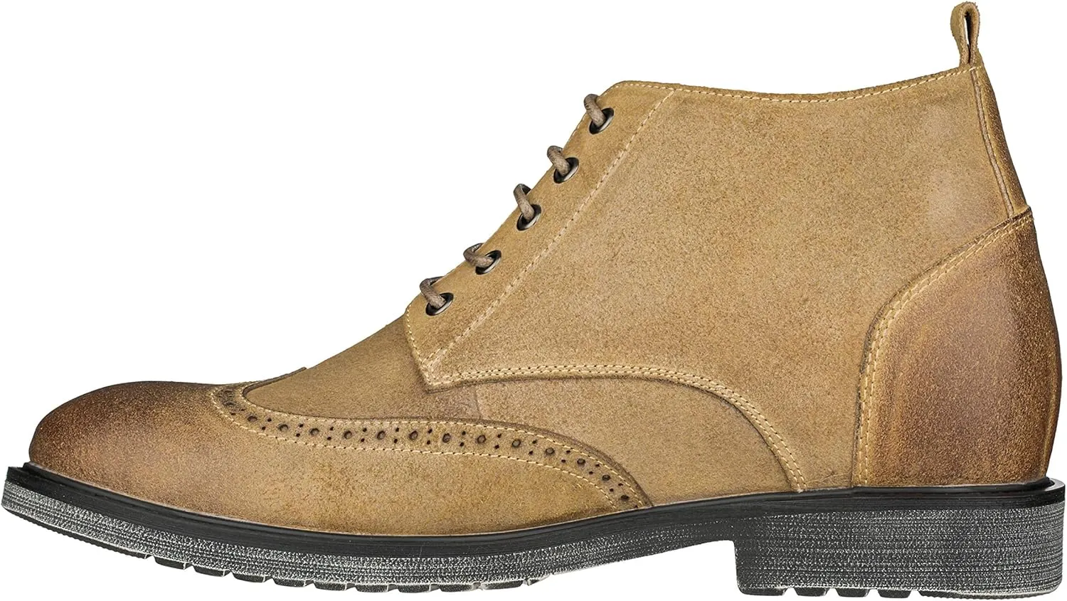 CALTO Men's Invisible Height Increasing Elevator Shoes - Light Brown Premium Leather Lace-up Lightweight Wing-tip Work Boots - 3 Inches Taller - S3652 - Size 9 D(M) US