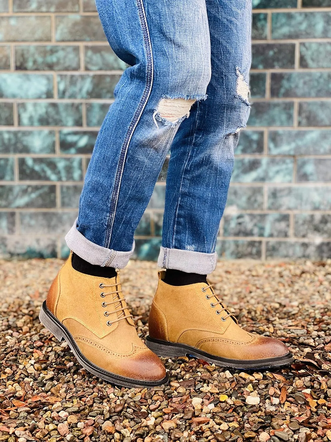 CALTO Men's Invisible Height Increasing Elevator Shoes - Light Brown Premium Leather Lace-up Lightweight Wing-tip Work Boots - 3 Inches Taller - S3652 - Size 9 D(M) US