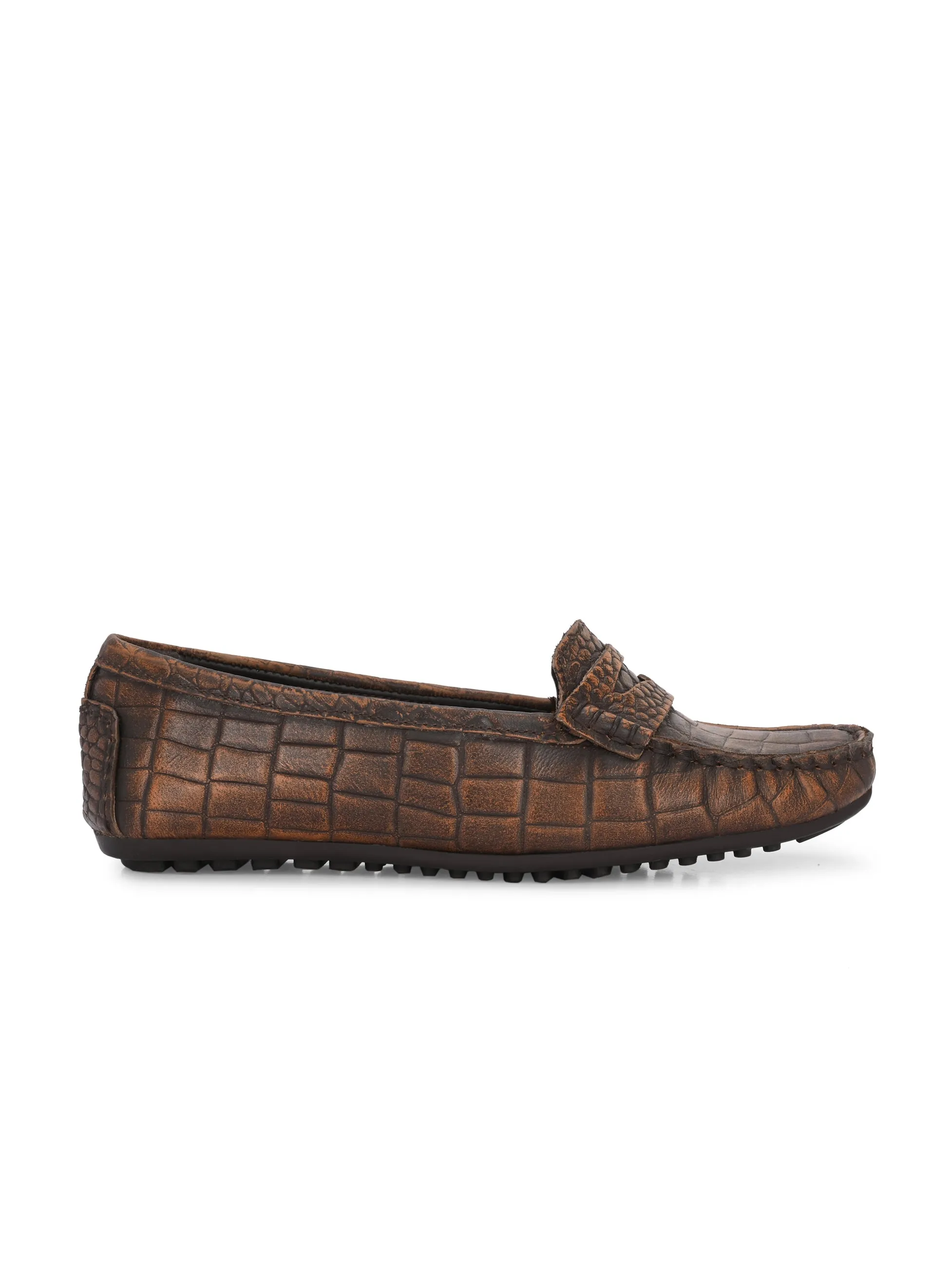 Carlo Romano Brown Italian croco printed Genuine Leather Loafer moccasin shoe for women