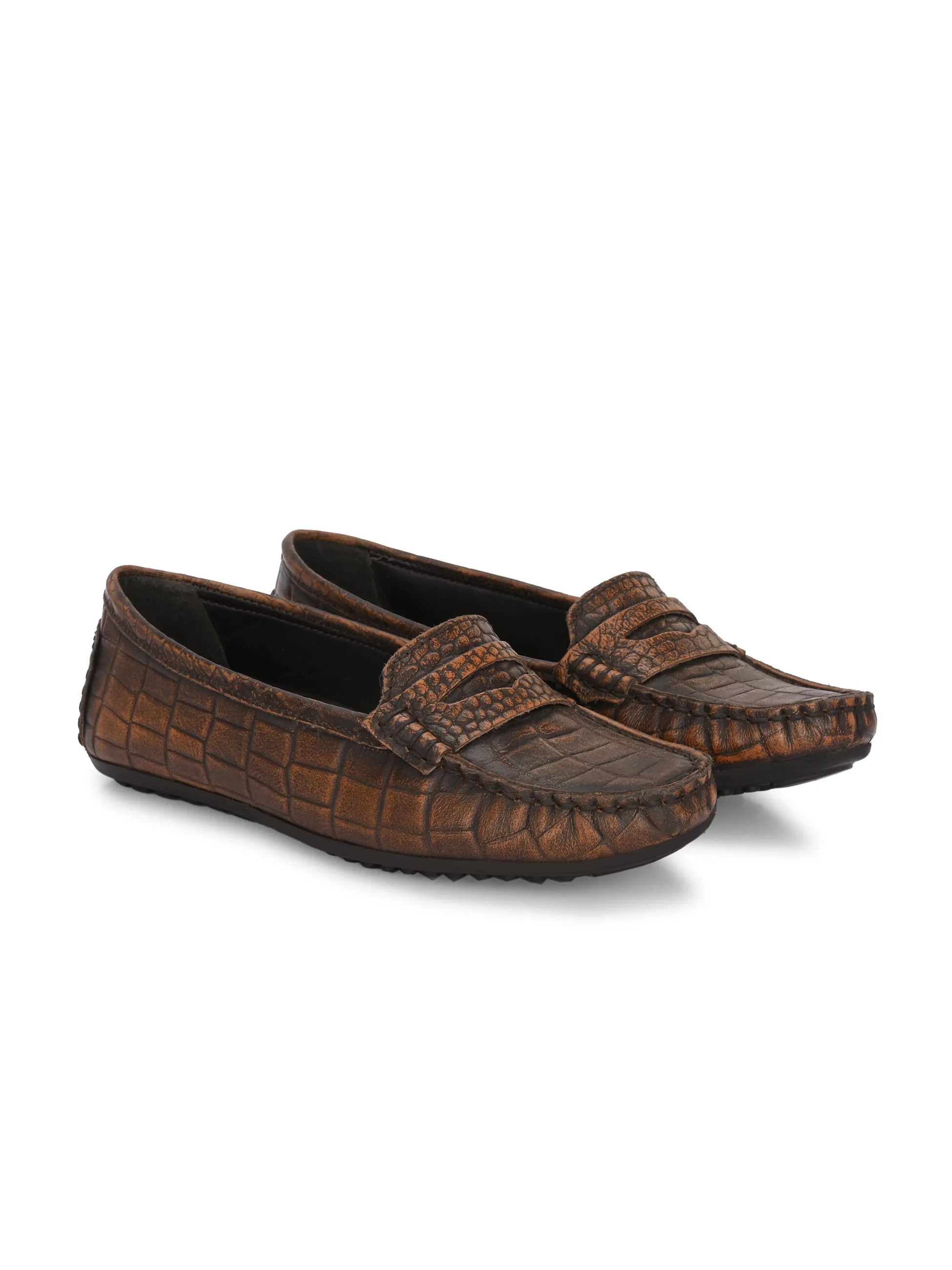 Carlo Romano Brown Italian croco printed Genuine Leather Loafer moccasin shoe for women