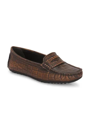 Carlo Romano Brown Italian croco printed Genuine Leather Loafer moccasin shoe for women