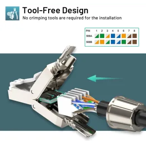 Cat7 Cat6A RJ45 Connector 6-Pack, Tool-Free Zinc Alloy Shielded Ethernet Termination Plugs for Cat7 up to 23AWG Solid Bulk S/FTP Ethernet Cable