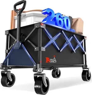 Collapsible Folding Wagon, Outdoor Utility Grocery Large Wagon Cart Heavy Duty Foldable with Silent Universal Wheels, Adjustable Handle, Camping, Garden, Shopping (Black, 110L)