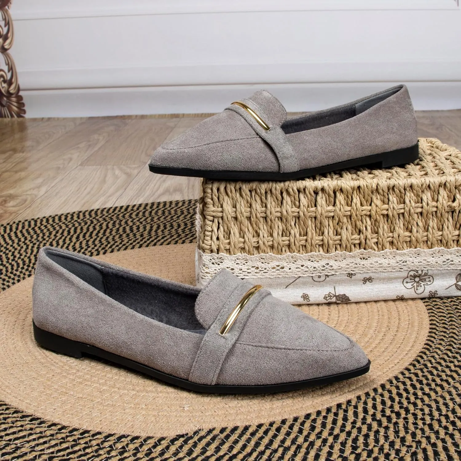 Comfortable Leather Suede Slip On Loafer Flats for Women Casual Work Flat Shoes Women's Pointed Toe Penny Loafers Office Driving Ballet Flats