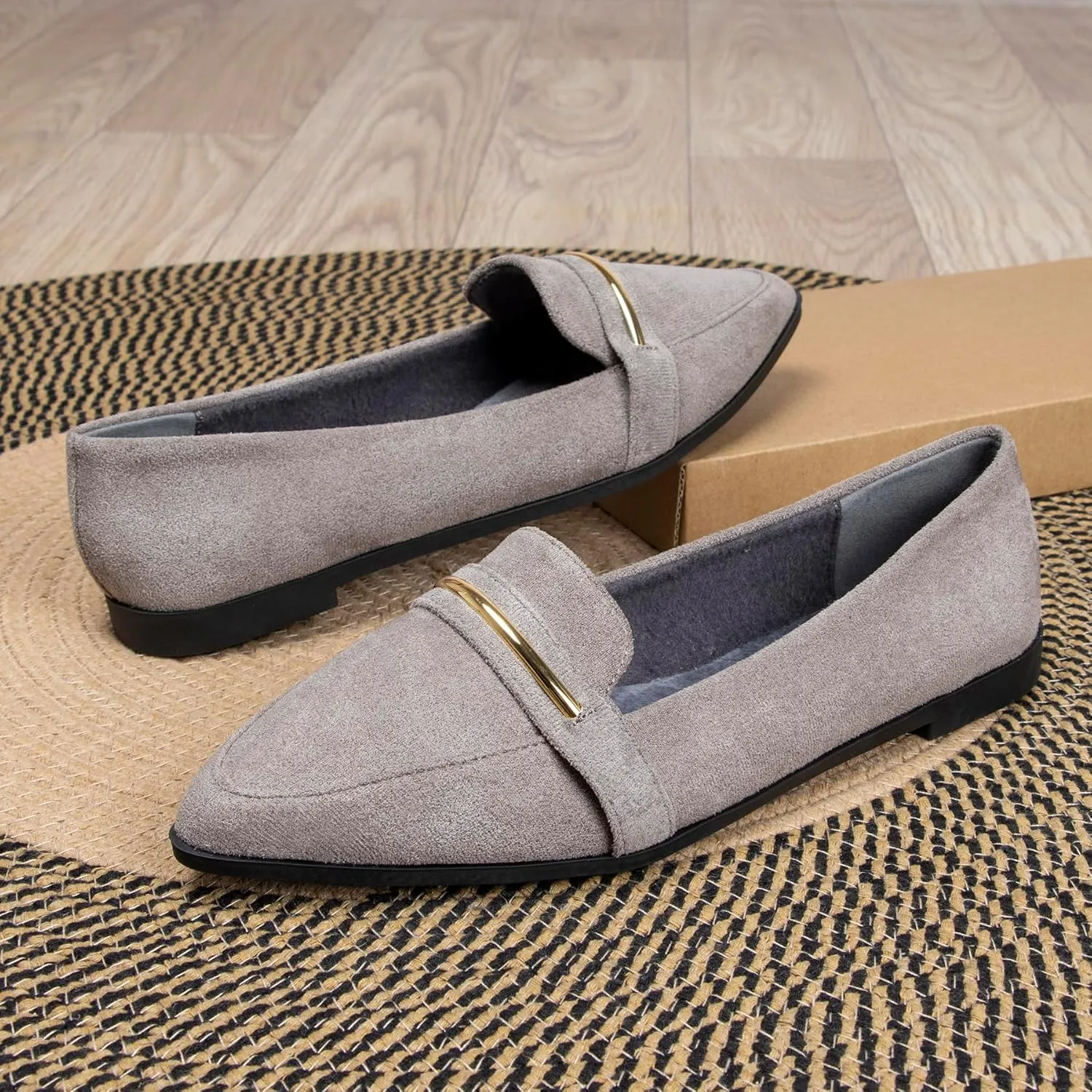 Comfortable Leather Suede Slip On Loafer Flats for Women Casual Work Flat Shoes Women's Pointed Toe Penny Loafers Office Driving Ballet Flats