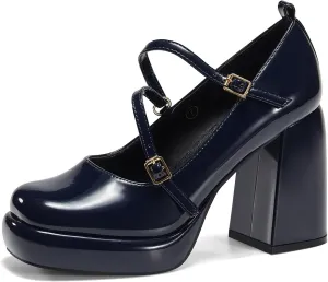 Coutgo Womens Mary Jane Heels Chunky Platform Loafer Shoes Block Heel Closed Square Toe Pumps Cross Strap High Heel Dress Shoes