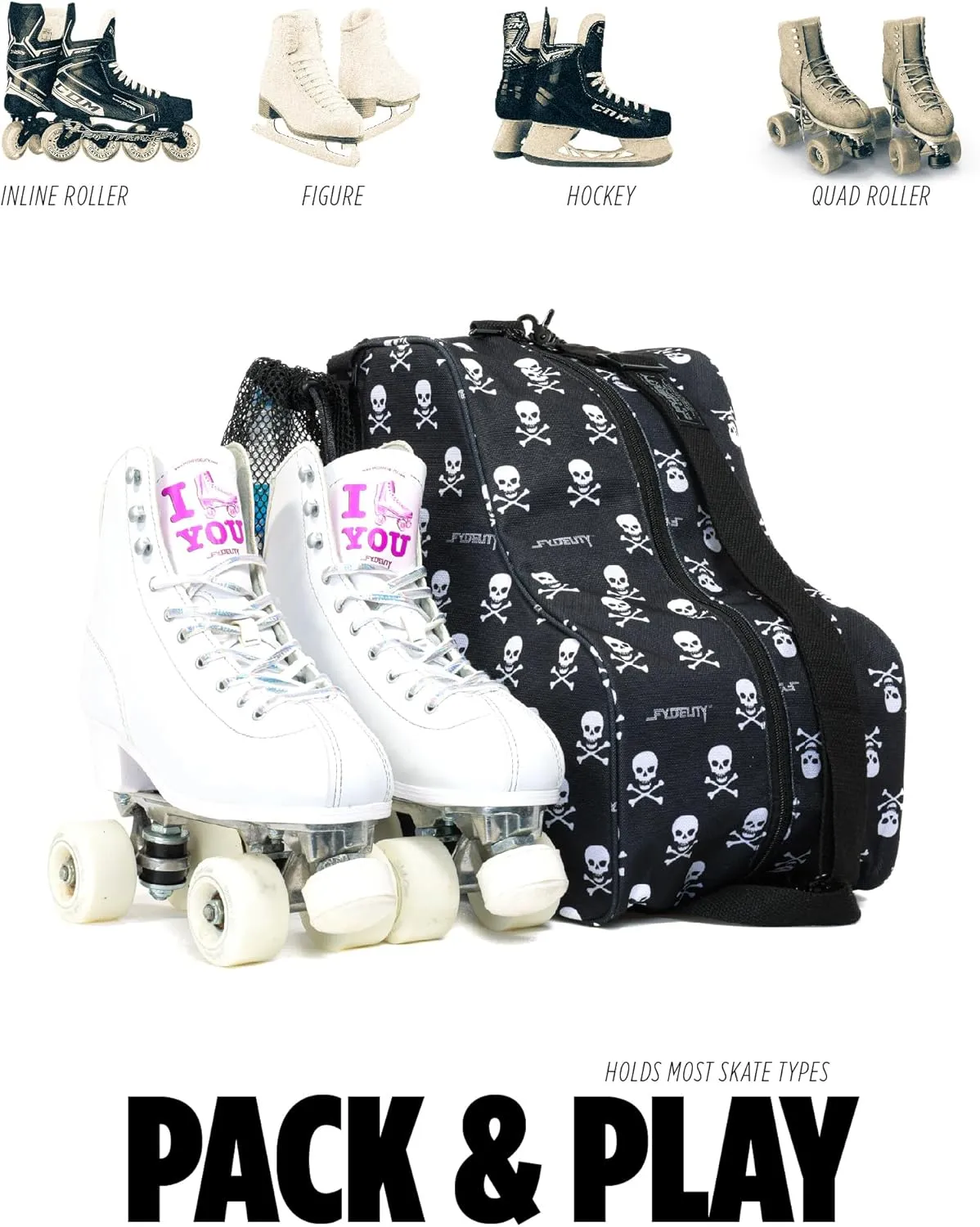 Cute Roller Skate Bags for Women; Ideal Quad Roller Skate Bag or Roller Skate Bags for Girls; Use as Ice Skating Bag, Figure Skating Bag, Ice Skate Bags for Girls w/Clip-On Water Bottle Bag