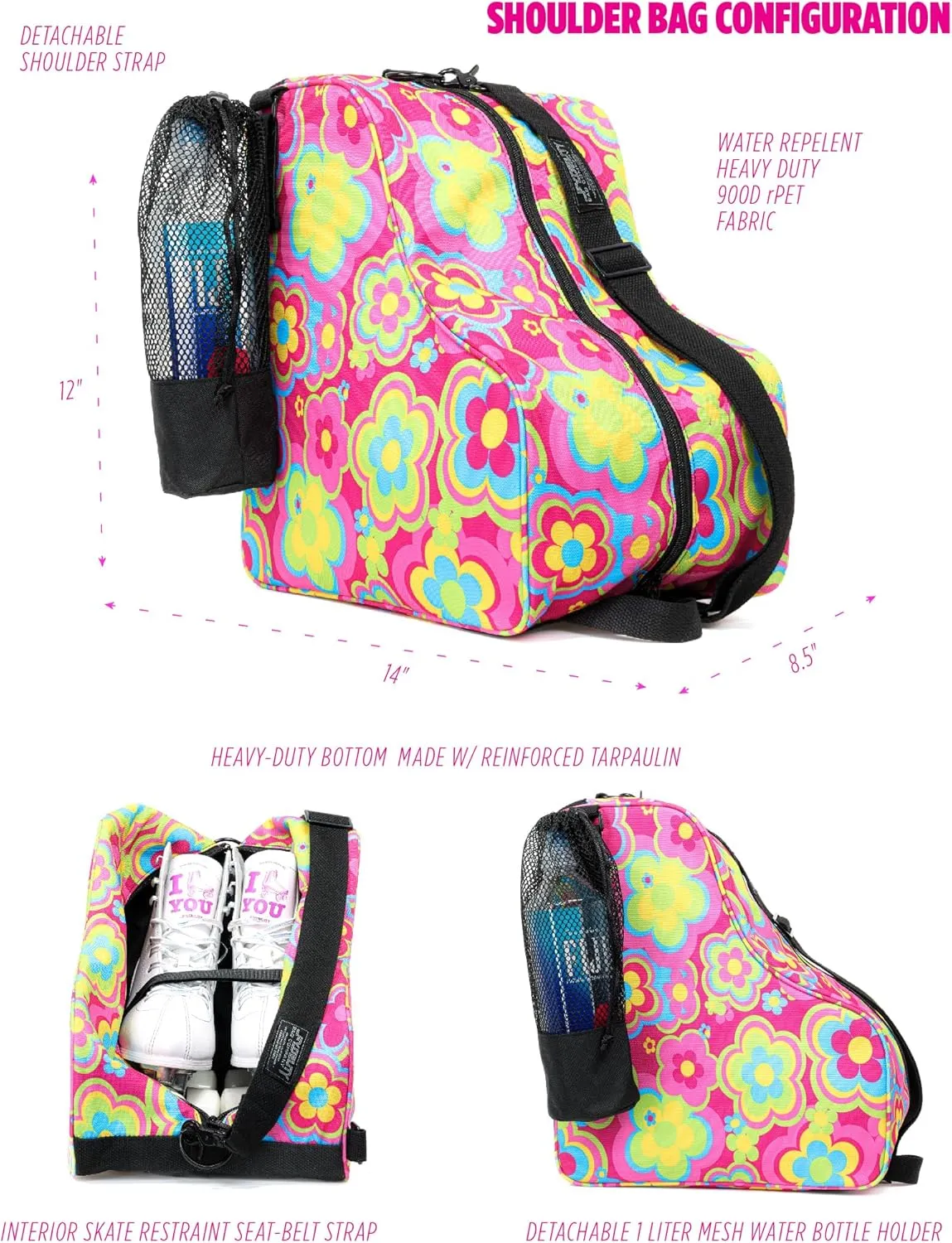Cute Roller Skate Bags for Women; Ideal Quad Roller Skate Bag or Roller Skate Bags for Girls; Use as Ice Skating Bag, Figure Skating Bag, Ice Skate Bags for Girls w/Clip-On Water Bottle Bag