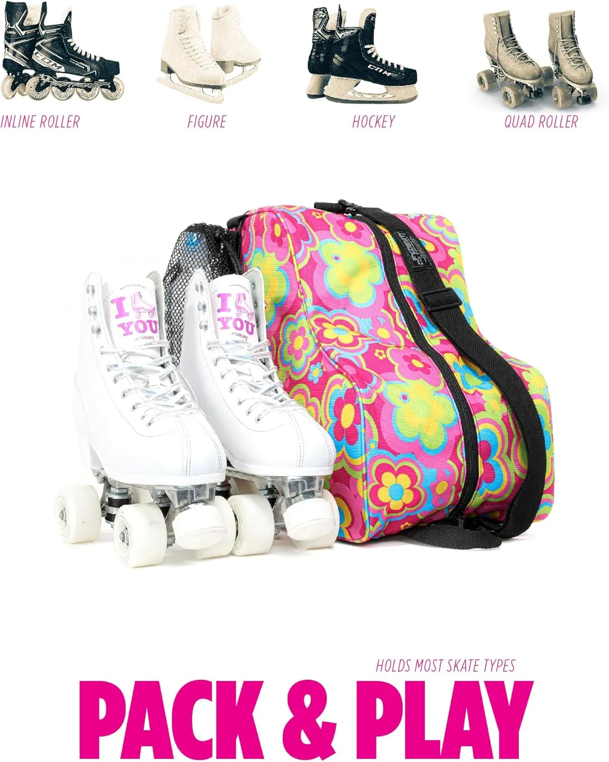 Cute Roller Skate Bags for Women; Ideal Quad Roller Skate Bag or Roller Skate Bags for Girls; Use as Ice Skating Bag, Figure Skating Bag, Ice Skate Bags for Girls w/Clip-On Water Bottle Bag