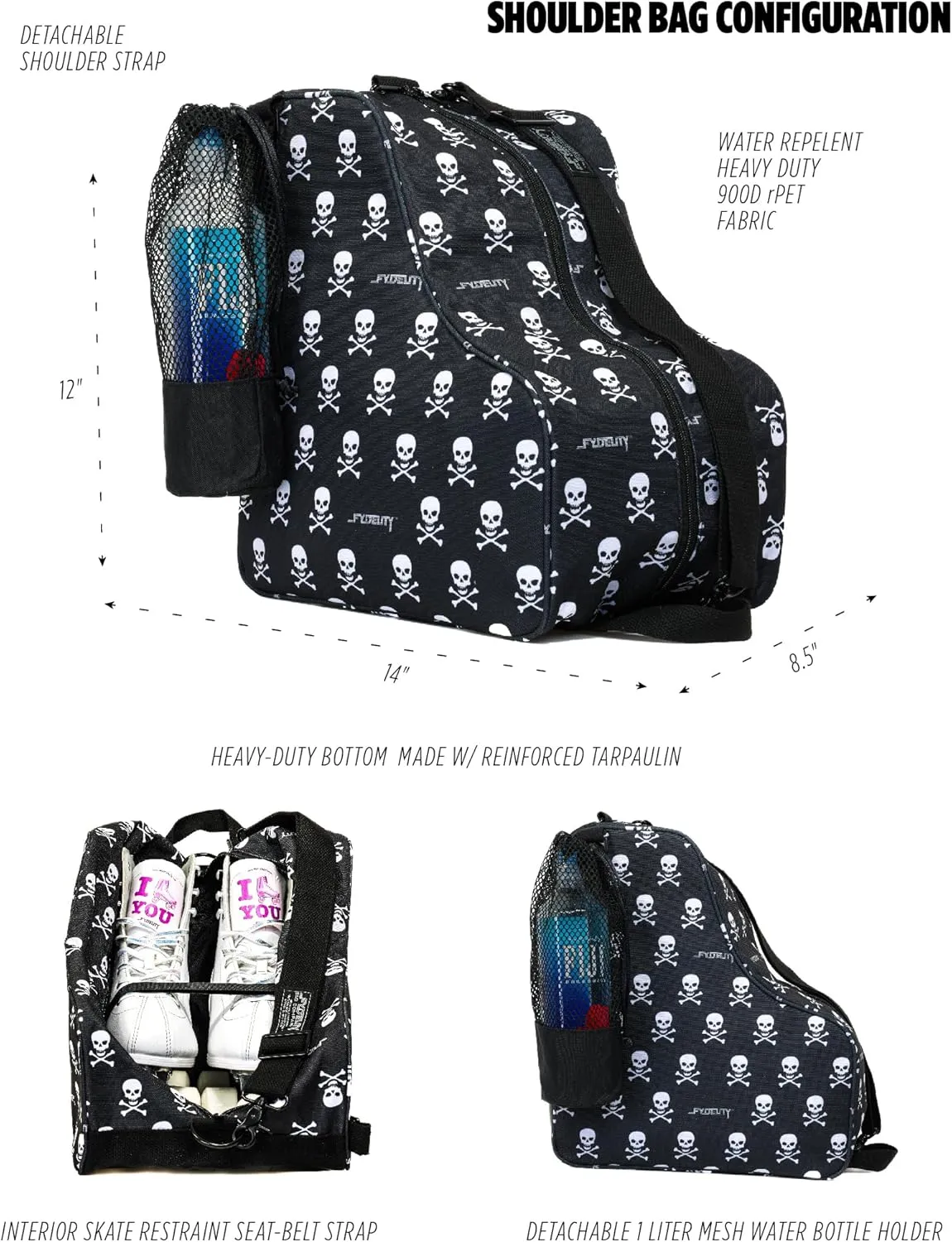 Cute Roller Skate Bags for Women; Ideal Quad Roller Skate Bag or Roller Skate Bags for Girls; Use as Ice Skating Bag, Figure Skating Bag, Ice Skate Bags for Girls w/Clip-On Water Bottle Bag