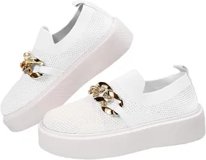 DirraBra Women's Fashion Mesh Platform Loafers Slip On Metal Trim Chain Low Top Sneakers Comfortable Round Toe Flat Walking Shoes