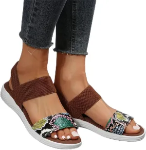 DOIX Womens Flats Sandals Snake Print Open Toe Loafer Walking Shoes Summer Elastic Knitting Ankle Strap Slip on Sandals Washable Slingback Orthopedic Slide Sport Sandals,Brown,US9/EU40