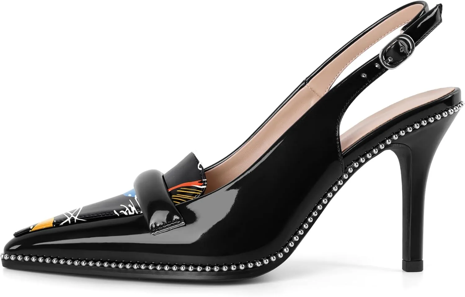 Eldof Pointed Toe Slingback Heels for Women Beaded Stiletto High Heel Women Pumps Shoes Dress 3.5 Inches in Multi Color
