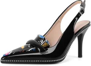 Eldof Pointed Toe Slingback Heels for Women Beaded Stiletto High Heel Women Pumps Shoes Dress 3.5 Inches in Multi Color