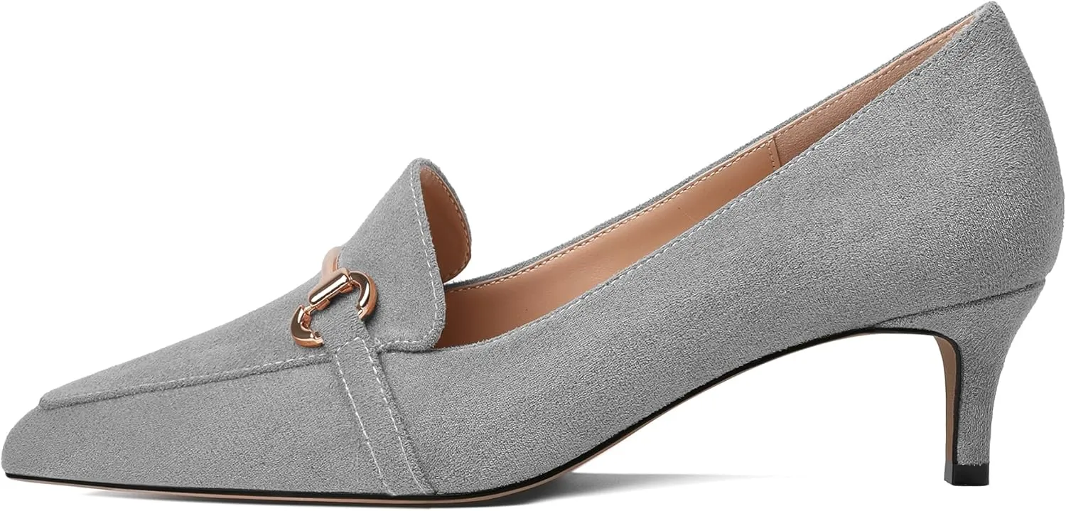 Esvowido Loafers for Women Closed Toe Kitten Heels Slip on Pumps with Chain Trims Comfortable Suede Loafer Shoes 2 Inch