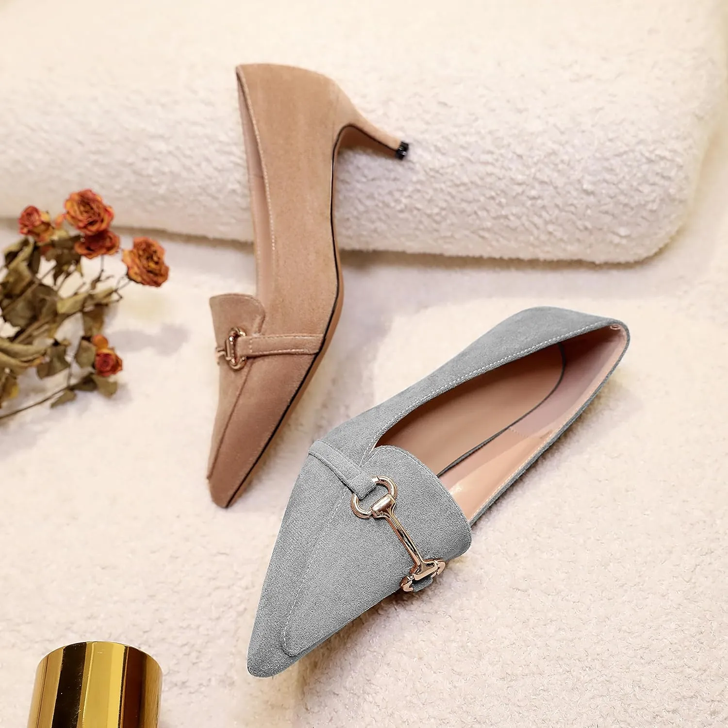 Esvowido Loafers for Women Closed Toe Kitten Heels Slip on Pumps with Chain Trims Comfortable Suede Loafer Shoes 2 Inch
