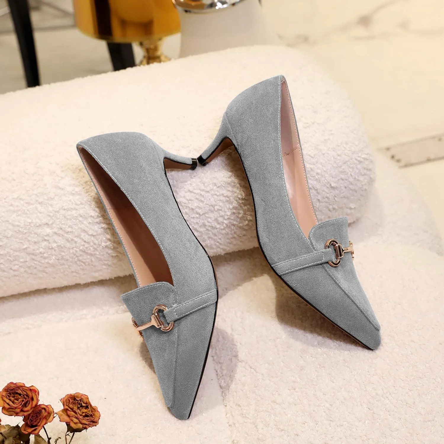 Esvowido Loafers for Women Closed Toe Kitten Heels Slip on Pumps with Chain Trims Comfortable Suede Loafer Shoes 2 Inch