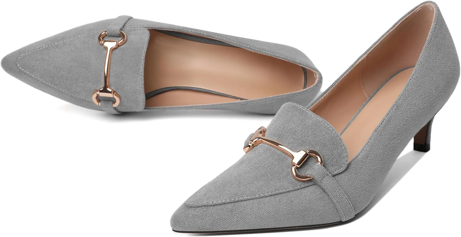 Esvowido Loafers for Women Closed Toe Kitten Heels Slip on Pumps with Chain Trims Comfortable Suede Loafer Shoes 2 Inch