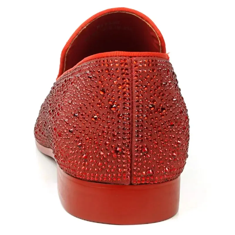 Fiesso FI-7525 Red Suede Red Rhinestones Slip on Loafers