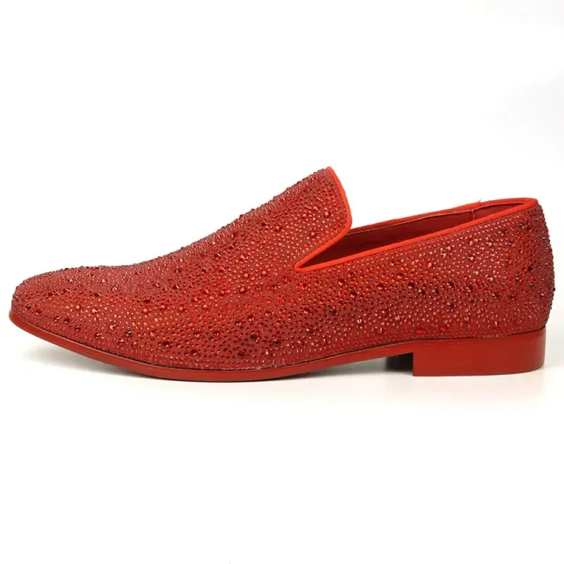 Fiesso FI-7525 Red Suede Red Rhinestones Slip on Loafers
