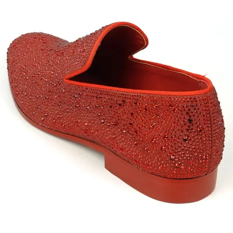Fiesso FI-7525 Red Suede Red Rhinestones Slip on Loafers