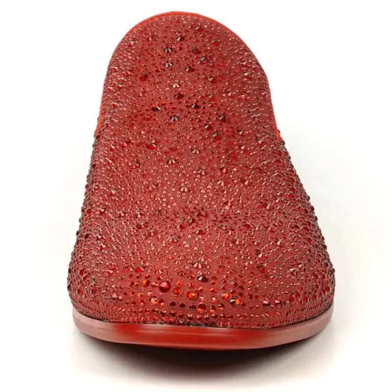 Fiesso FI-7525 Red Suede Red Rhinestones Slip on Loafers