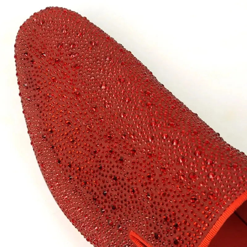 Fiesso FI-7525 Red Suede Red Rhinestones Slip on Loafers